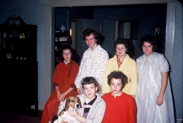 The morning after - a slumber party. Back: Elaine England, Sarah Basham,  Barbara Miller,Martha Bicknell Front: Cissy Crampton, Janie Turner