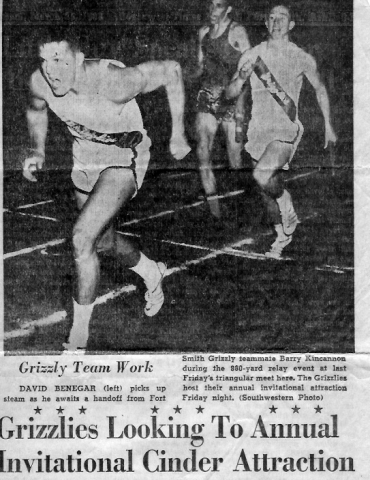 Grizzlies 61-62 track meet.  Barry Kincannon handing off to Dave Benegar in the 880yd relay.